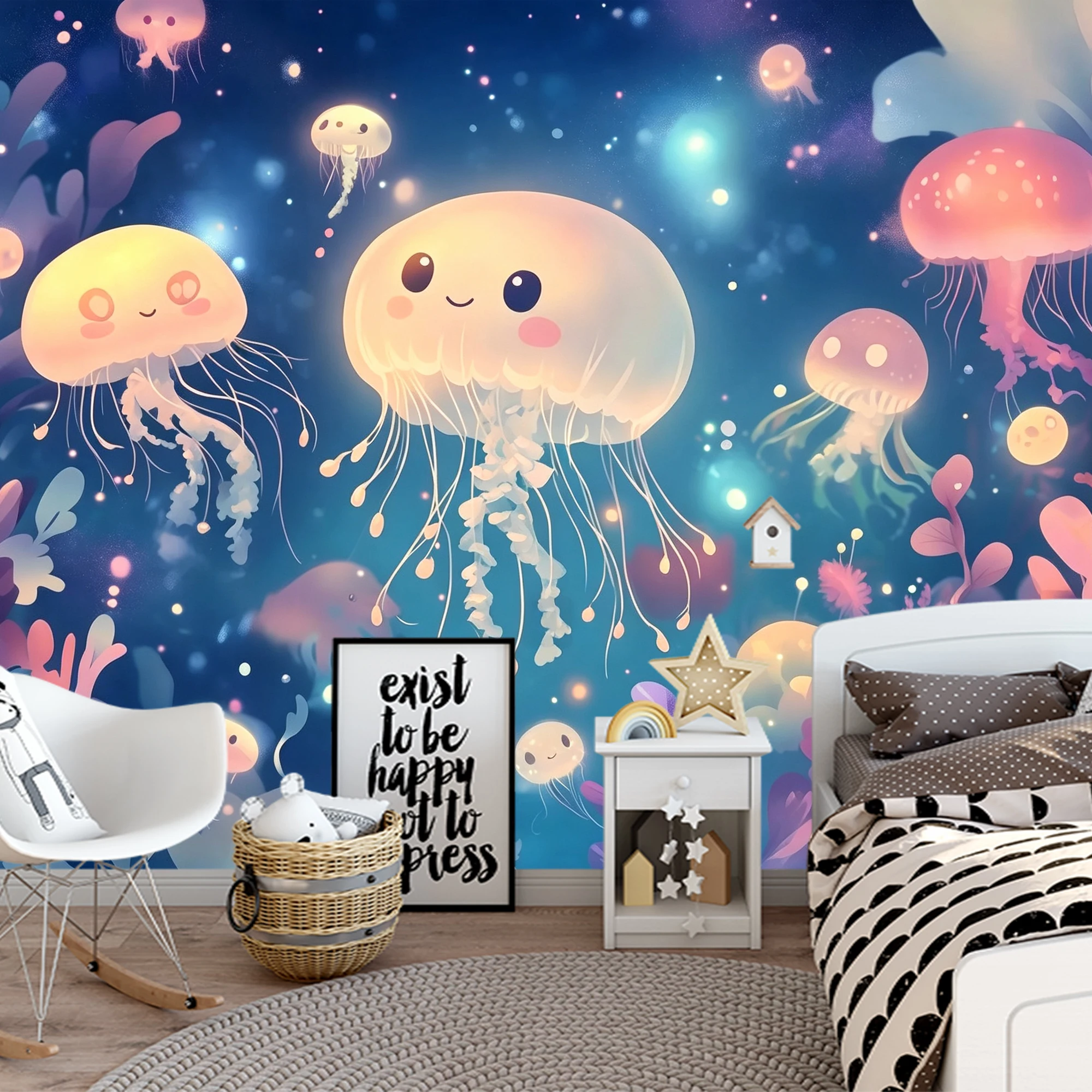 Milofi Cute Glowing Jellyfish Ocean Mural Wallpaper Underwater Sea World Wall Mural for Kids Bedroom Nursery Home Decor