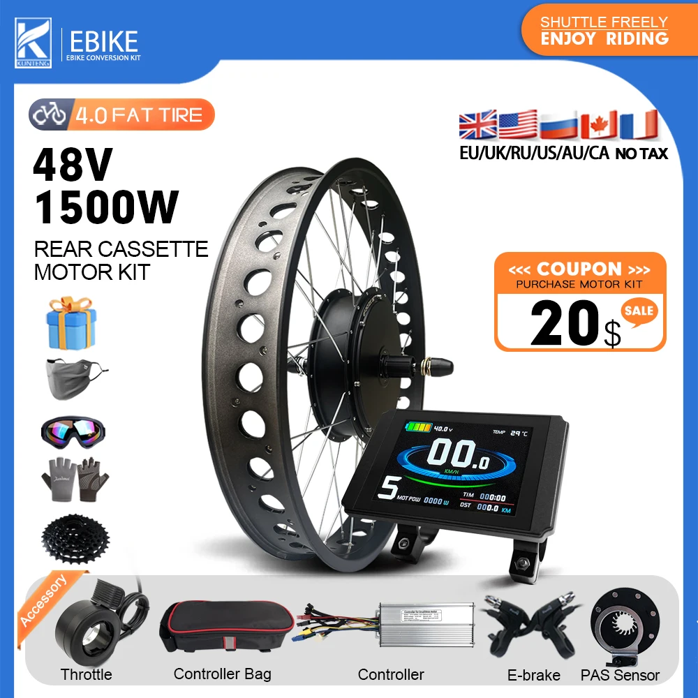 48V 1500W Fat Tire Bike Electric Motor 20/24/26 Inch Wheel Rear Cassette Brushless Hub Motor Kit For Snow ebike Conversion Kit