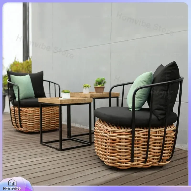 Outdoor Rattan Chair Sofa Set 3 Piece Garden Patio Furniture Balcony Courtyard Sunroom Small Coffee Table Weaving Homestay