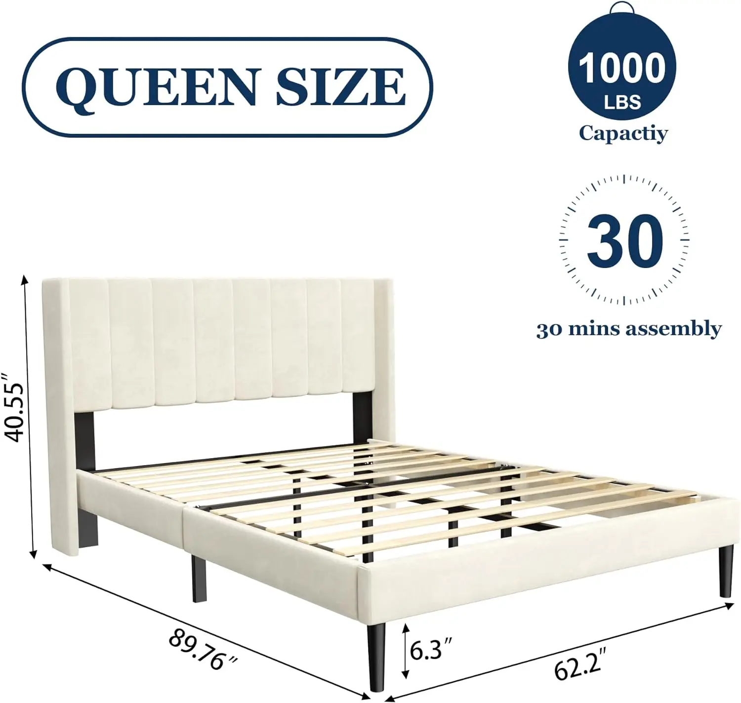 Queen Bed Frame with Headboard,Bed Frame Queen Size Vertical Channel Tufted Wingback No Box Spring Needed, Mattress Foundati