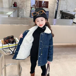 Winter Girls Padded Denim Coats Children Thicken Plush Cowboys Jackets Kids Cotton Clothing Fashion Parka Outerwear 2-8 Years