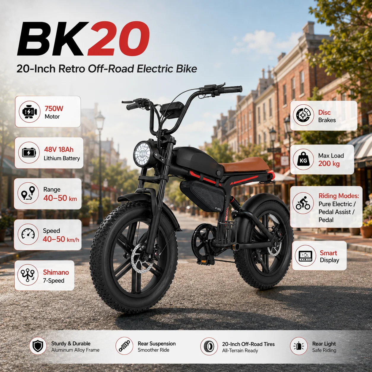 

Retro Fat Tire Electric Bike 20-Inch Off-Road E Bike 750W Motor 48V 18Ah Battery Bike Electric for City Road and Outdoor Ridin