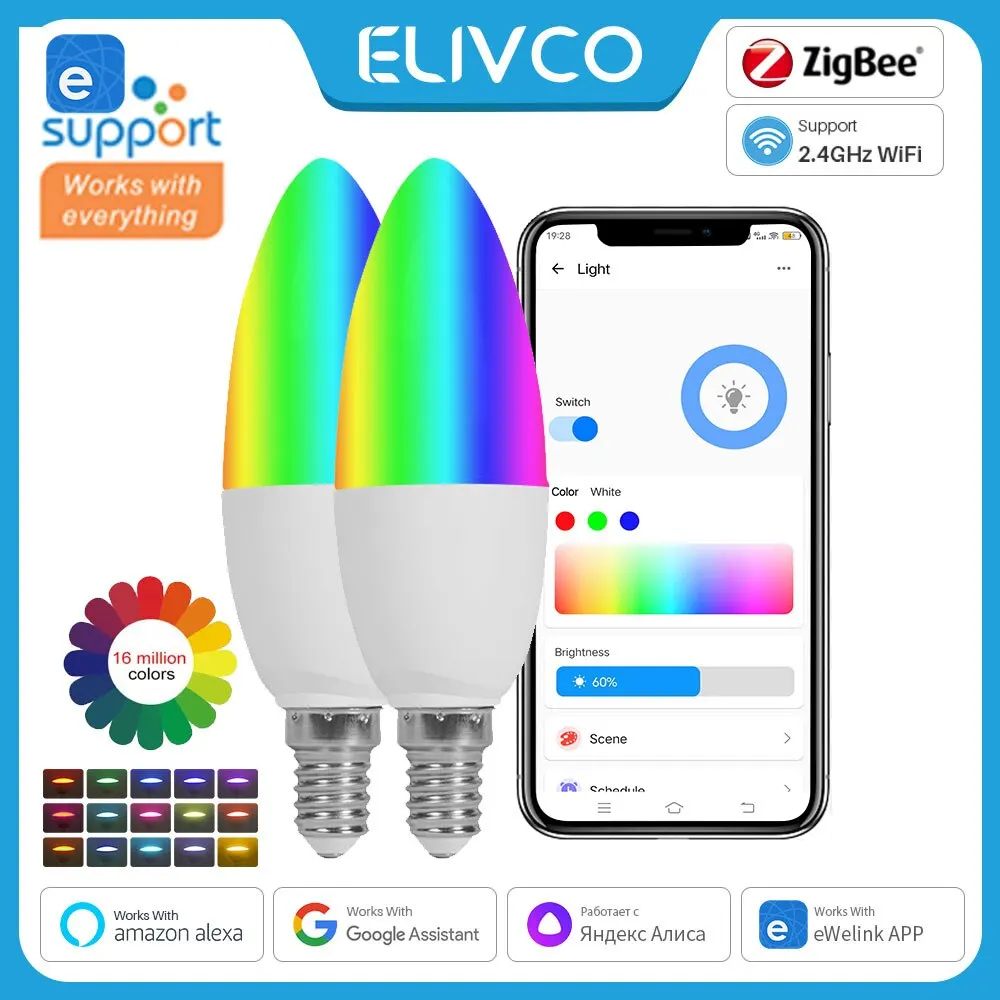 Smart Light Bulb WiFi E14 Dimmable Candle Lamp RGB+CW+WW 5W EWelink APP Voice Control Compatible With Alexa Google Home Alice