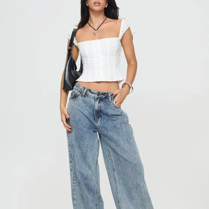Summer Sexy Slim Fit Vest T-Shirt Vintage Streetwear Women Open Front Sleeveless Tank Top Lace Y2K Fairy Trim Button Crop Tops