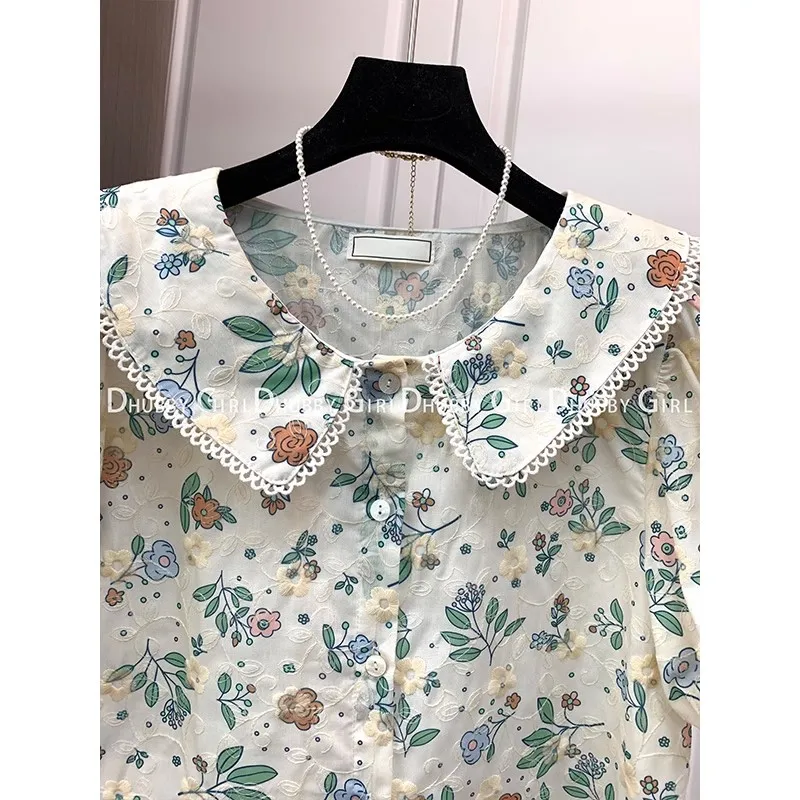 Retro Doll Collar Flower Shirt Women Fashion 2023 Casual Short Sleeve Women\'s Blouse Top