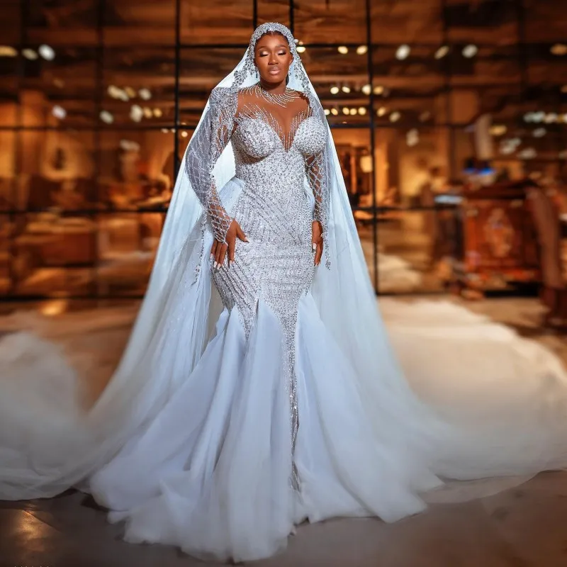 Luxury Nigerian Wedding Dresses Bride Sequin African Women Mermaid Bridal Gowns Long Sleeves Vestidos De Boda 2025 Customized