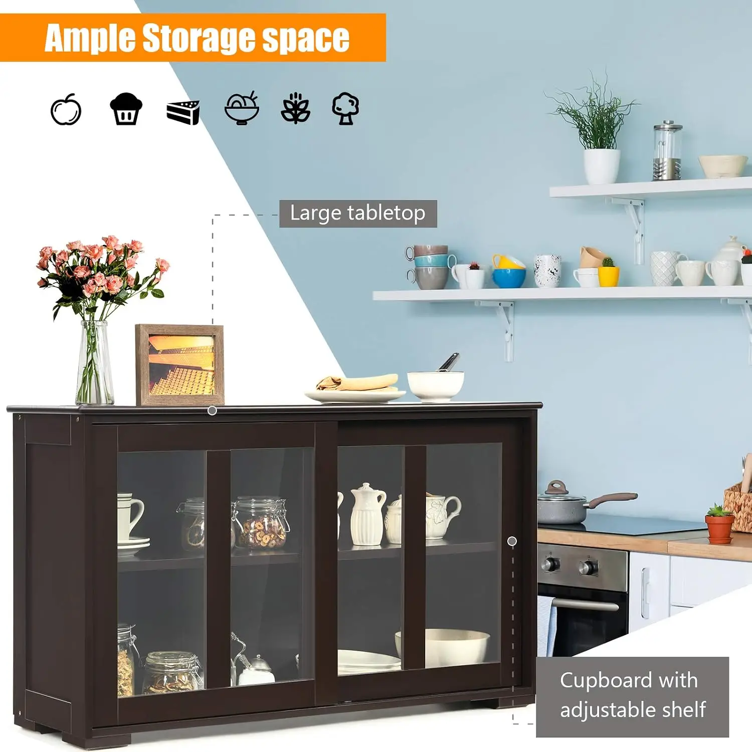 Sideboard Buffet Cabinet, Wooden Kitchen Storage Cabinet with Adjustable Shelf, Sliding Glass Doors, Accent Coffee, Customized