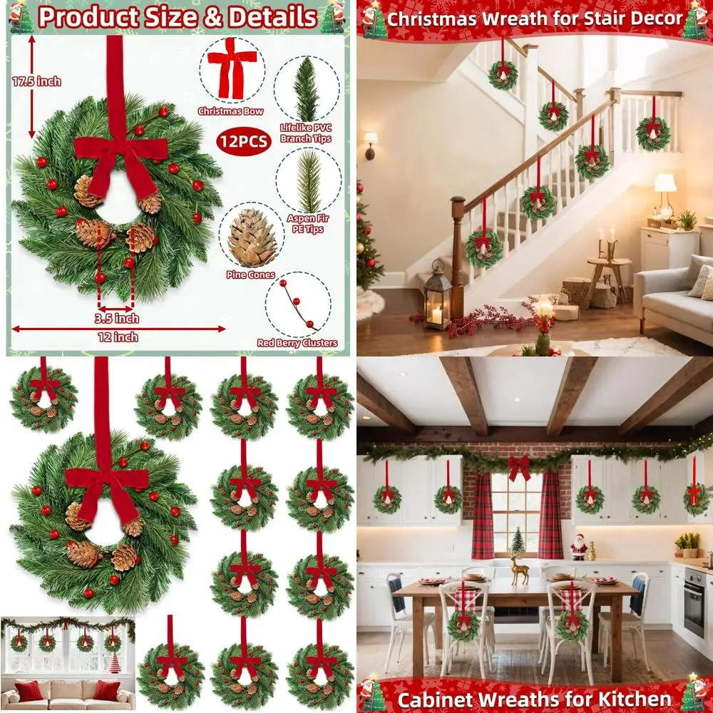 

Small 12-Inch Christmas Wreaths with Lifelike Pine Tips, Aspen Fir, Red Berry Bows for Indoor Kitchen Cabinets, Front Door, Porc