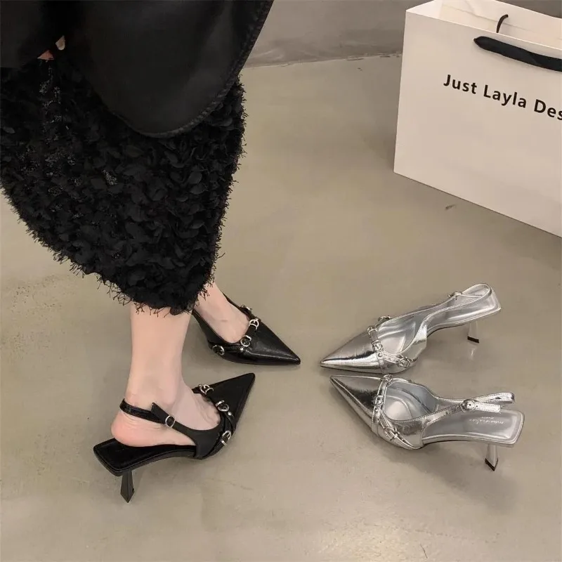 

Womens's Black Patent Leather Pointed Stiletto Versatile Elegant Fad Banquet Party Women's Bag Head Single Shoes Sandalias Mujer