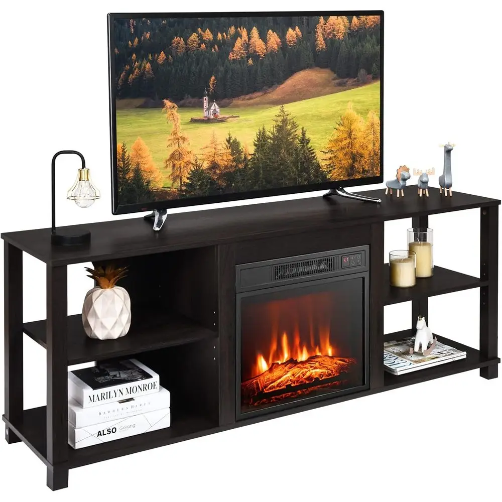 

Тумба под телевизор 65 дюймов с электрокамином 18 дюймов, регулируемым пламенем и нагревом, таймером, пультом ДУ - черная