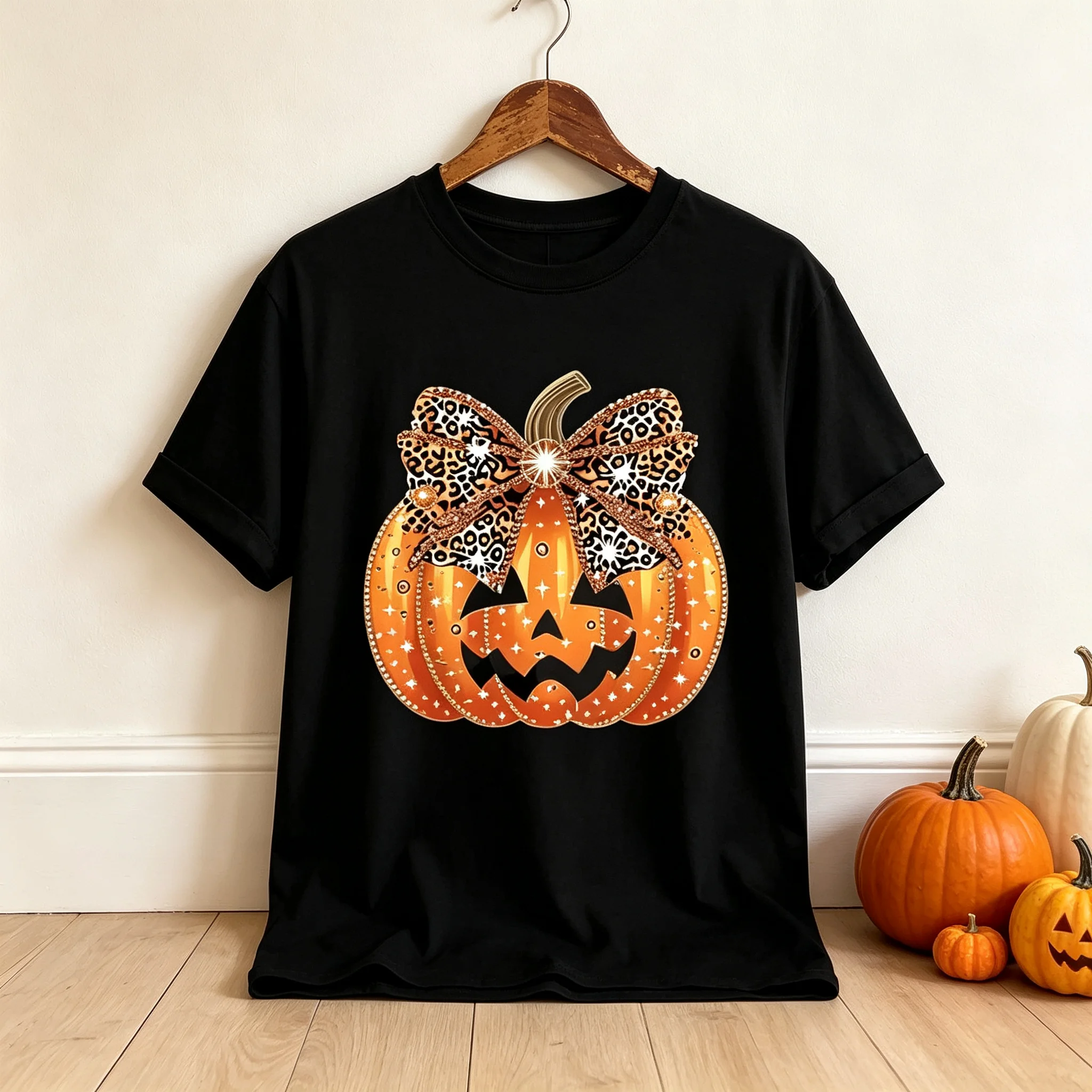 Women's Halloween Pumpkin Graphic T Shirt Leopard Bow Jack O Lantern Print Short Sleeve Tee Cute Fall Casual Top for Women