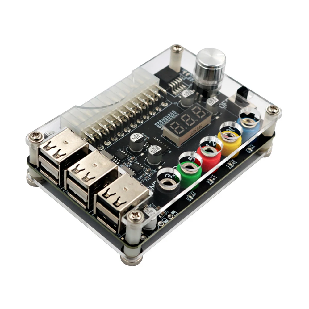 24Pin ATX Power Supply Breakout Board Adjustable Voltage Knob Power Transfer Board 6 Ports USB 2.0 Supports QC2.0 QC3.0