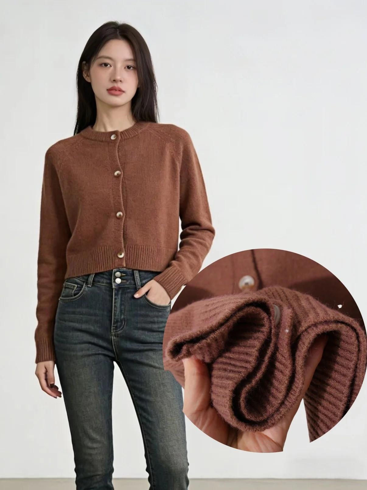 

Карамельно-коричневый утепленный вязаный кардиган свободного кроя с круглым вырезом для женщин, осенне-зимний винтажный свитер в стиле Lazy Style, верхняя одежда