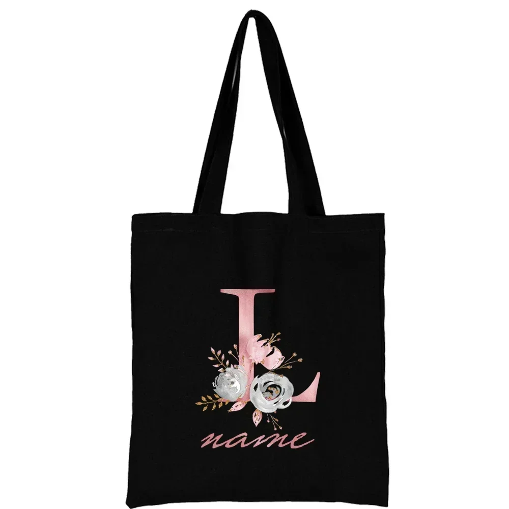 TOUB024-Canvas Bolsa de Ombro para Mulheres, Carta Flor Rosa, Nome Personalizado, Bolsa para Senhoras, Tote Casual