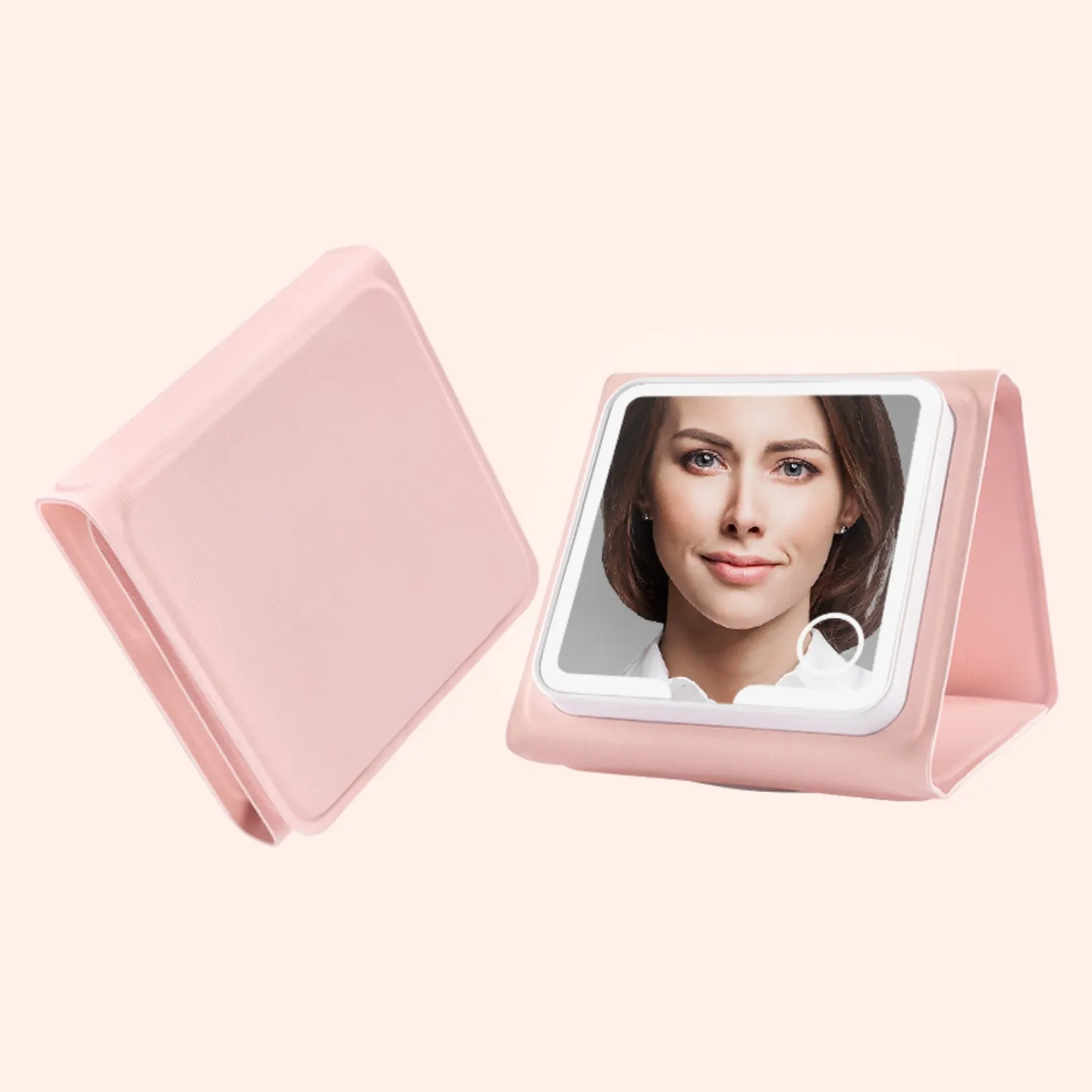 Miroir de maquillage pliable à 3 voies – grossissement 5X/plaux/10X, gradation LED tactile, miroir de courtoisie portable étanche en PU rechargeable