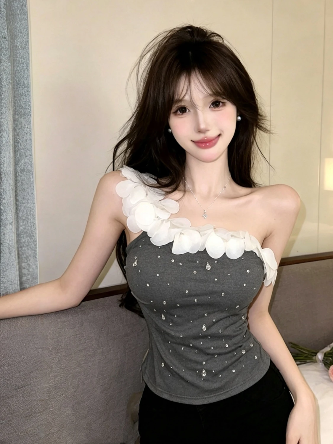 Sexy Short Crop Top Diamond Embellished Slim Fit Shoulder Bared Vest Splice Design Girl Power Trend Summer Outerwear