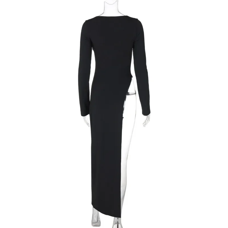 Zwarte asymmetrische maxi-jurk voor dames O-hals met lange mouwen Trendy chique top Club Party Hoge zijsplitjurken Herfst 2024