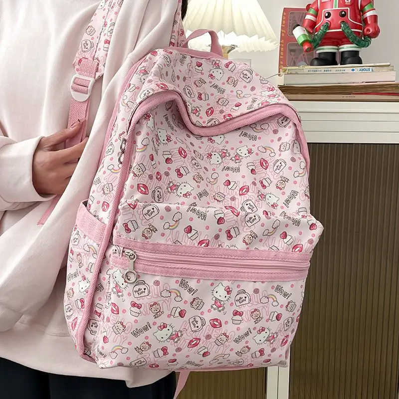 

Sanrio Large Capacity Backpack for Girl Women Cute Nylon Waterproof Pink Hello Kitty Printing Ladies Bag Luxury Designer