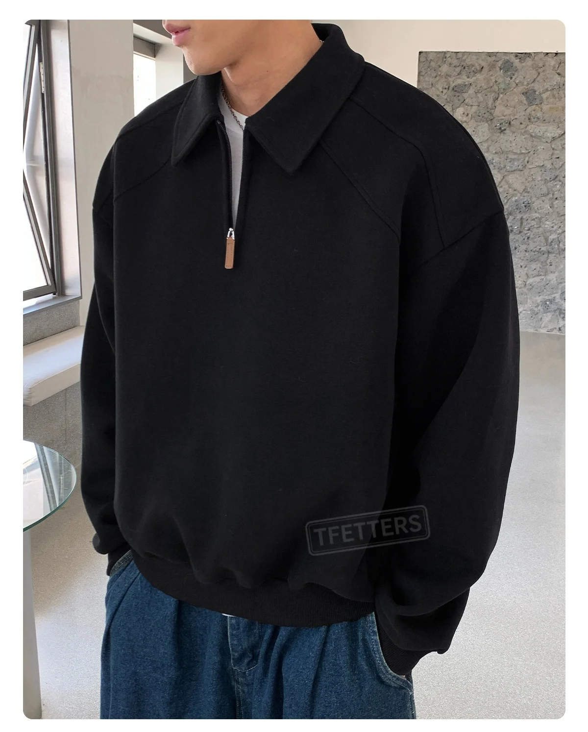 TFETTERS Eu Size 2026 Men Half Zip Collared Sweatshirt Autumn Heather Gray Pullover Loose Fit Casual Daily Long Sleeve Sweat Top
