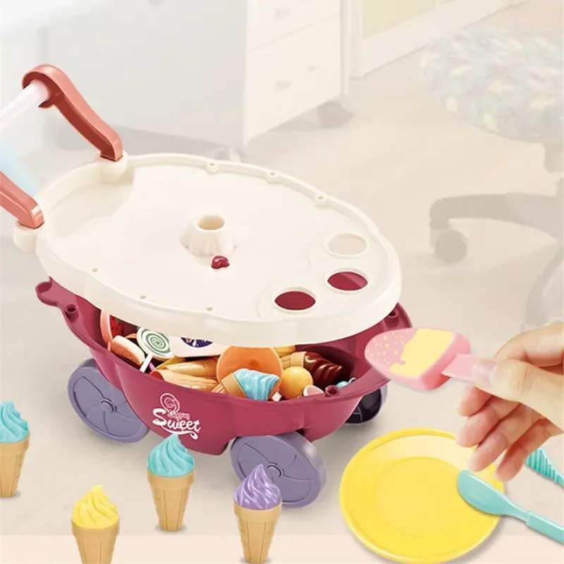 Children kitchen Pretend play home accessories simulated tableware mini ice cream candy trolley supermarket store toys Push Cars