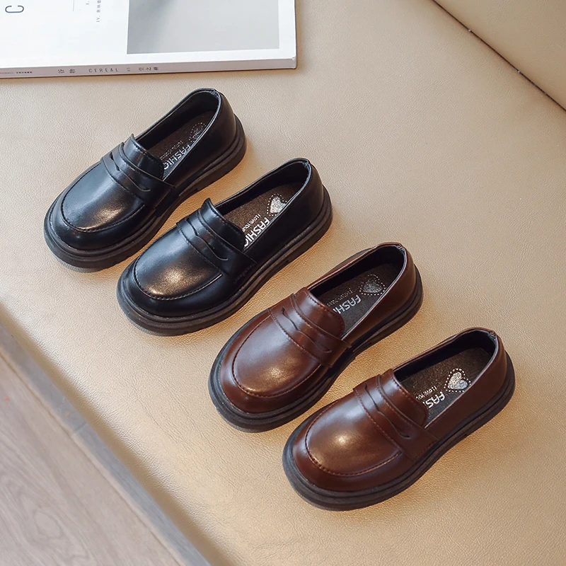 1-18 Years Old Childrens Leather Shoes Four Seasons Round Head Boys Girls Performance Shoes Black Fashion Kids Baby Single Shoes