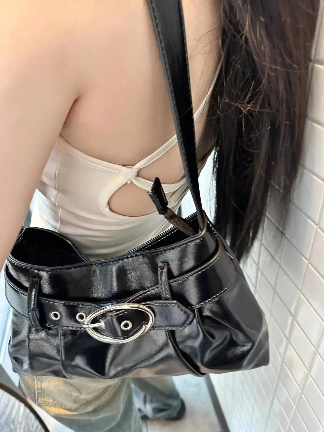 Bloom Sweet Cool Black Y2k Handbag Wallet Women Fashionable Pu Leather Shoulder Bags Female Versatile Underarm Bag 2025 New