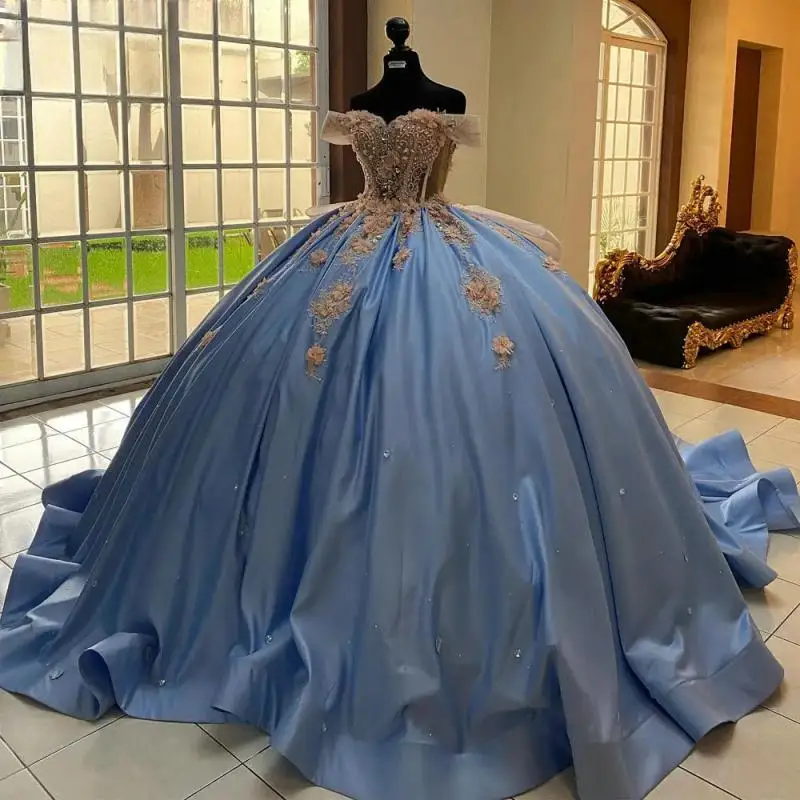 Light Blue Illusion 3D Flowers Quinceanera Dresses Ball Gown Beading Crystal Appliques Lace Sweet 15 Birthday Party