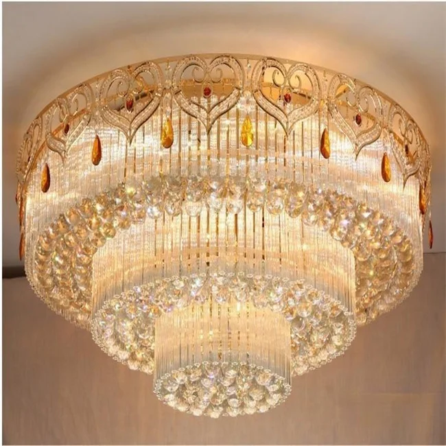 Golden Luxury LED Ceiling Lamps Multi-Story Living Room Hotel Crystal Modern Creative Round Shape with Metal Base