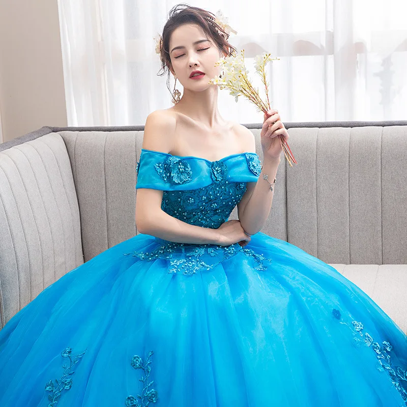 Gaun Quinceanera biru untuk 15 pesta bahu terbuka renda panjang gaun Formal ulang tahun putri gaun pesta ulang tahun manik-manik