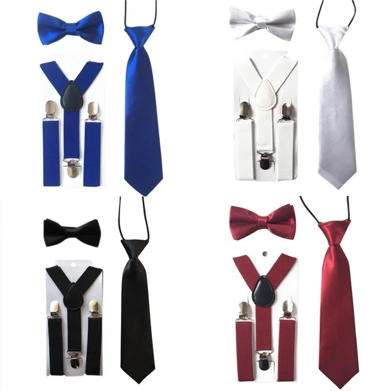 3PCS Children Boys Kids Suspenders Tie Bowtie Set 3 Clip-on Elastic Adjustable Braces Straps Clothing Accessories