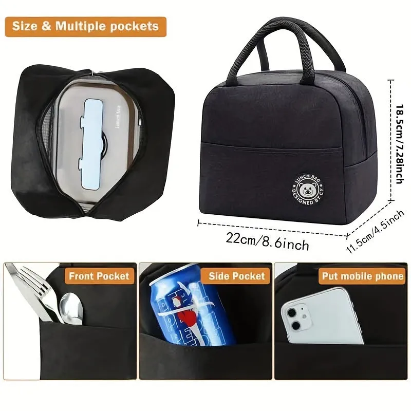 Customized Black Insulated Lunch Bag Bento Bag Aluminum Foil Letter Pattern Insulated Lunch Box Camping Picnic Food Bag