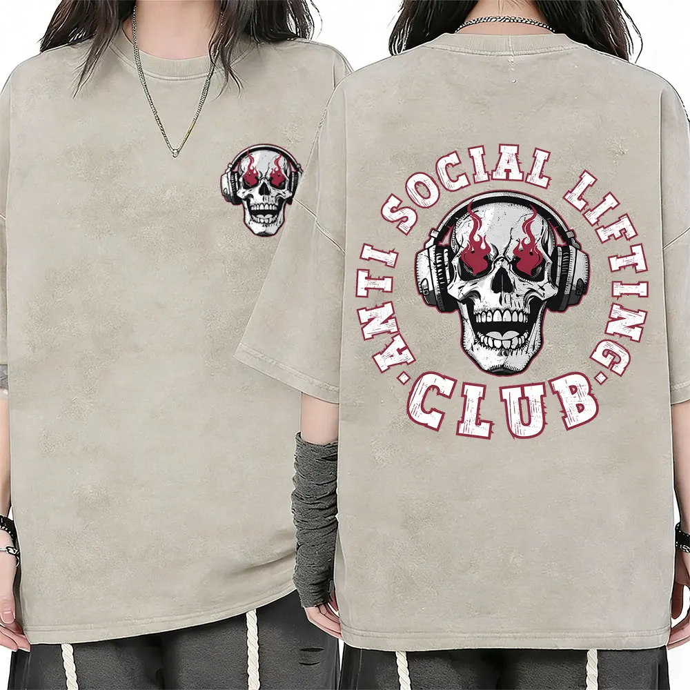 

Anti Social Lifting Club Skeleton Vintage Washed T-shirt Men Women Funny Gym Fitness Workout Bodybuilding Pump Cover T Shirts