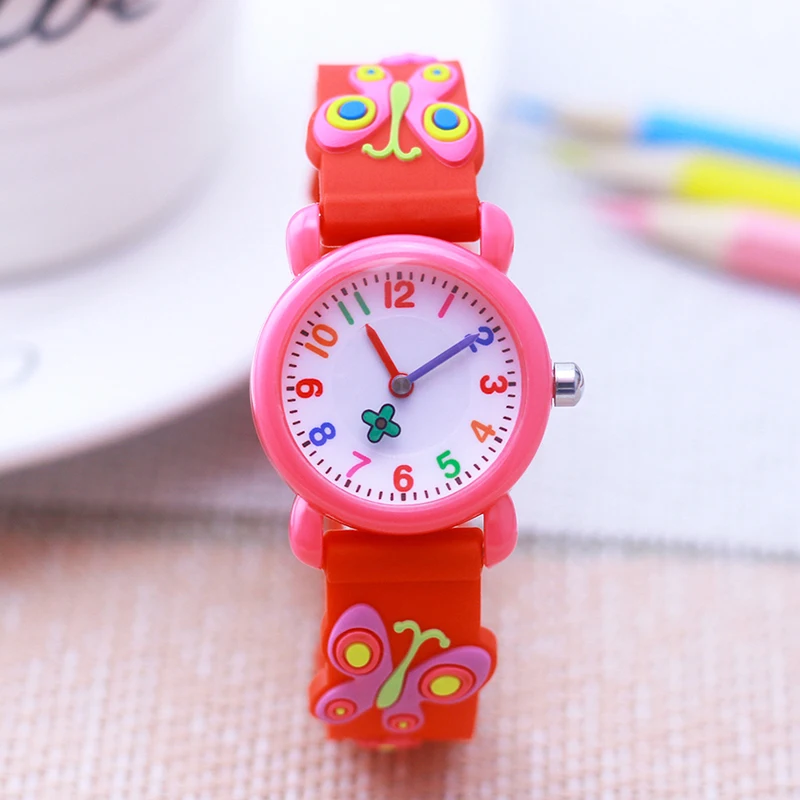 Jam tangan Quartz putar kupu-kupu 3D wanita lucu cantik bunga merah muda ungu lima warna untuk pelajar bayi