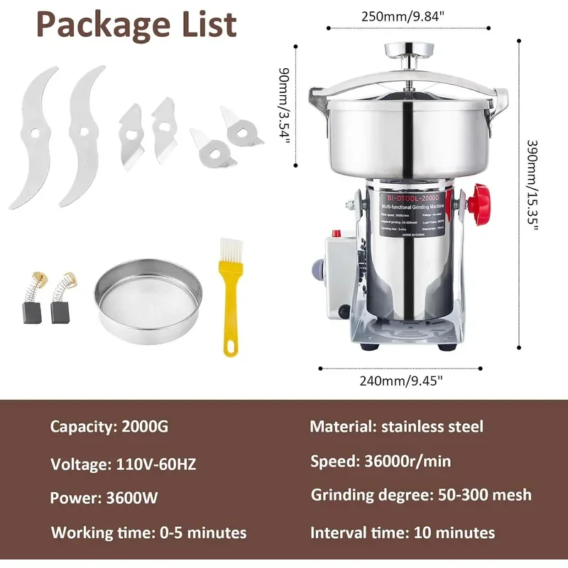 Electric Grain Mill Grinder 3600W Dry Material Grinding Machine 2000g Stainless Steel Pulverizer 36000r/min High-speed Grain