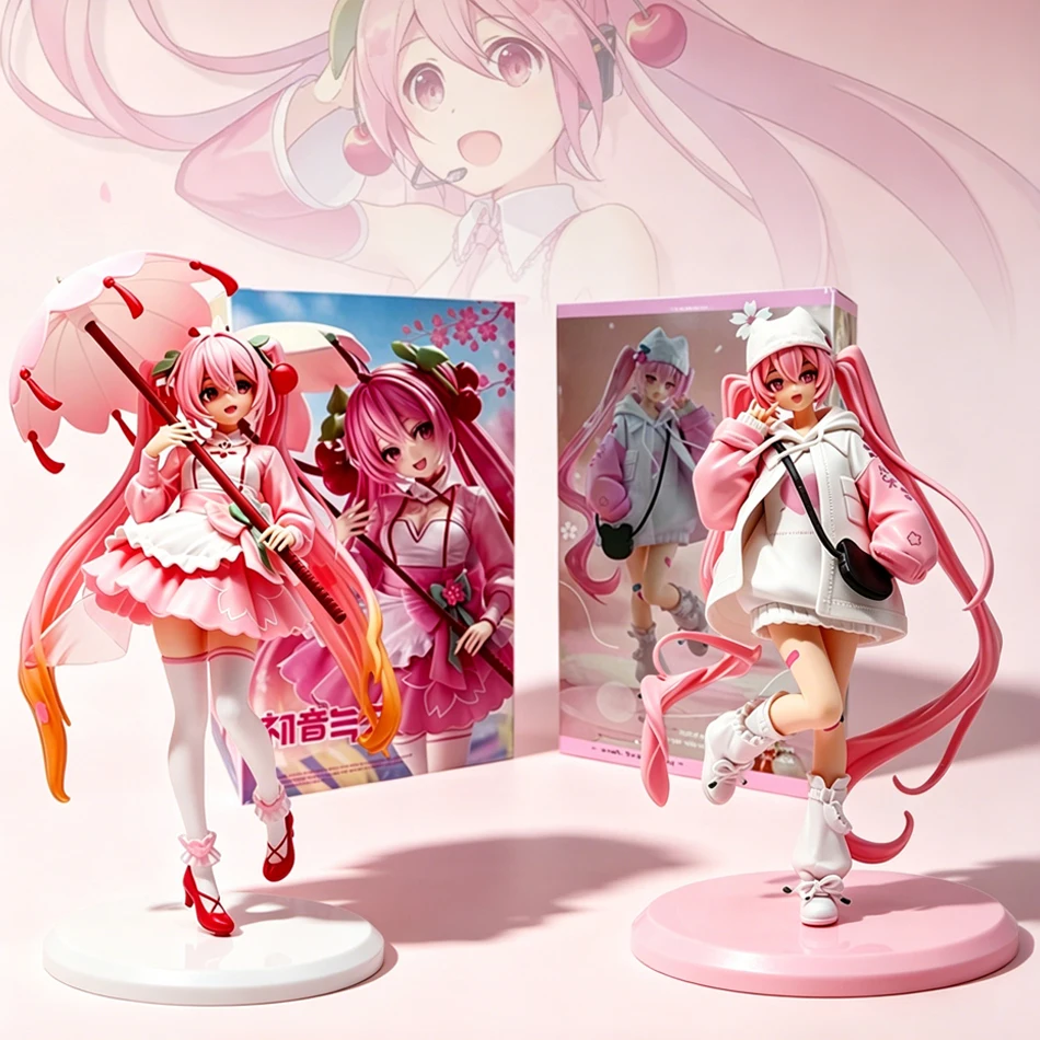 Heiß begehrte Anime-Figur 19/23cm Hatsune im Stehenden Stil mit Regenschirm und Kirschblüten, Niedliches Action-Modell aus PVC, Sammlerstück und Geschenk