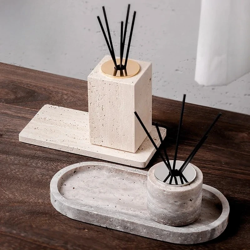 Natural Travertine Aromatherapy Bottle - Marble Reed Diffuser with Tray for Home Office Decor, Luxury Scented Gift