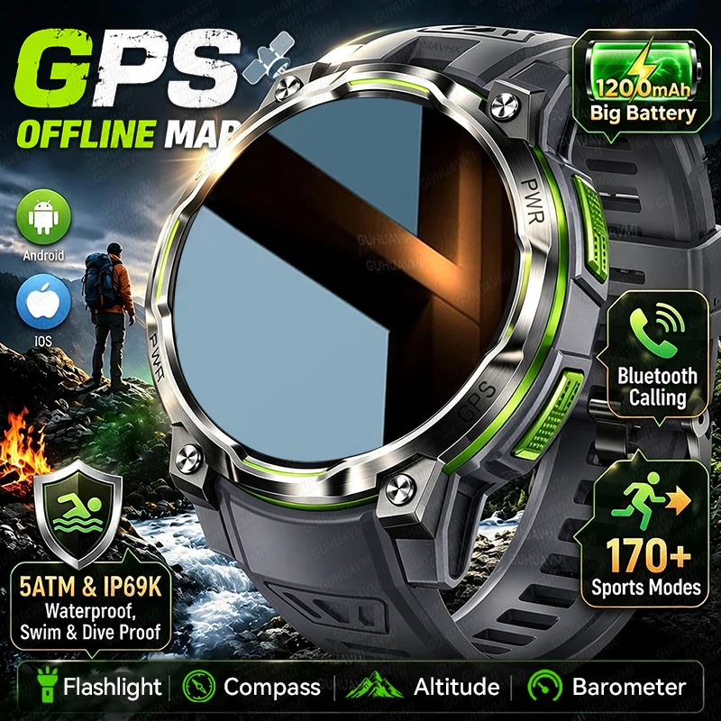 2026 Neue Saphir-GPS-Smartwatch mit Offline-Karten für Herren, AMOLED, 1200mAh, Kompass, Taschenlampe, wasserdichtes Armband, Chat-GPT, Digitaluhr