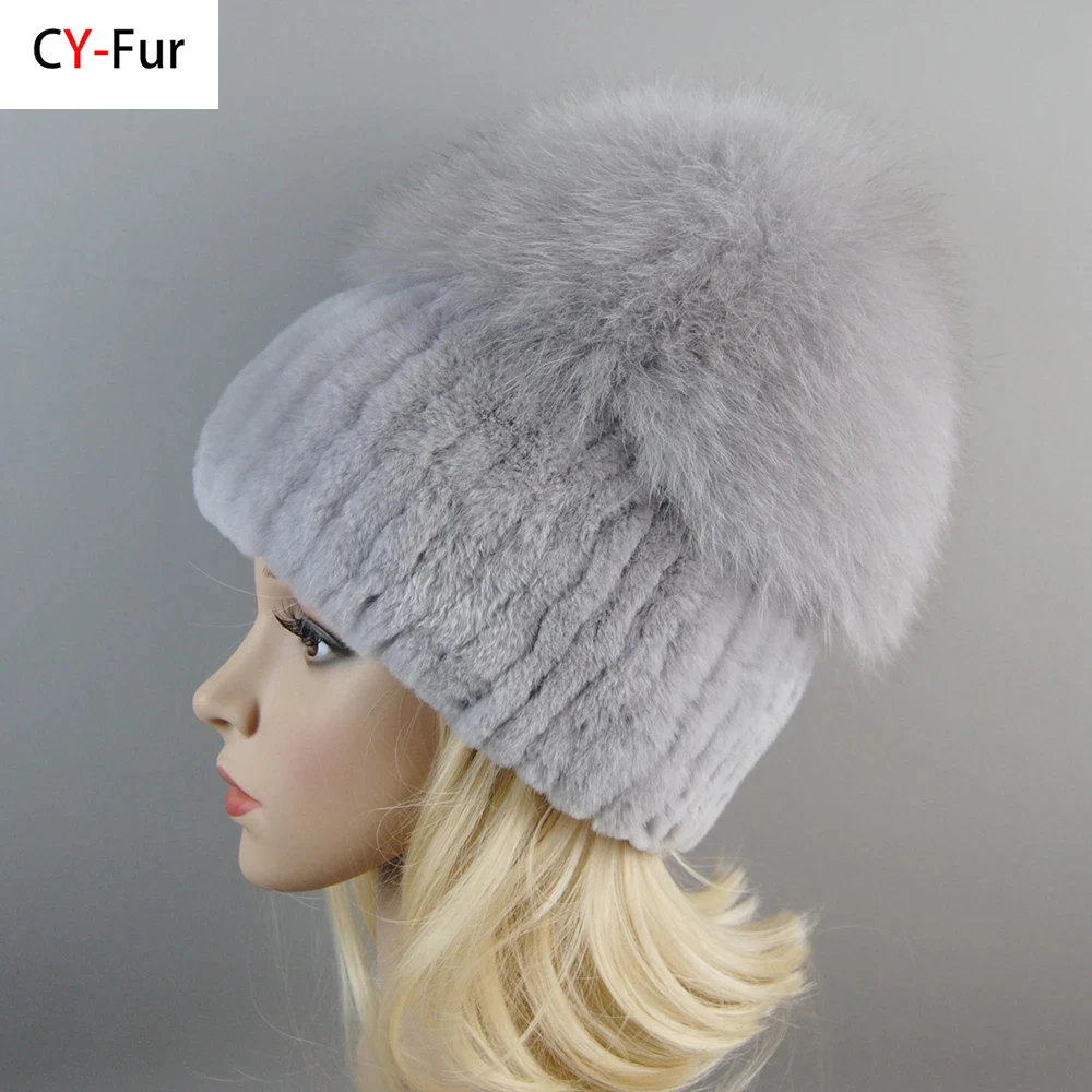 Russia New Style Women Real Genuine Fox Fur Beanies Hat Girls Natural Real Rex Rabbit Fur Skullies Cap Knit Winter Real Fur Hats