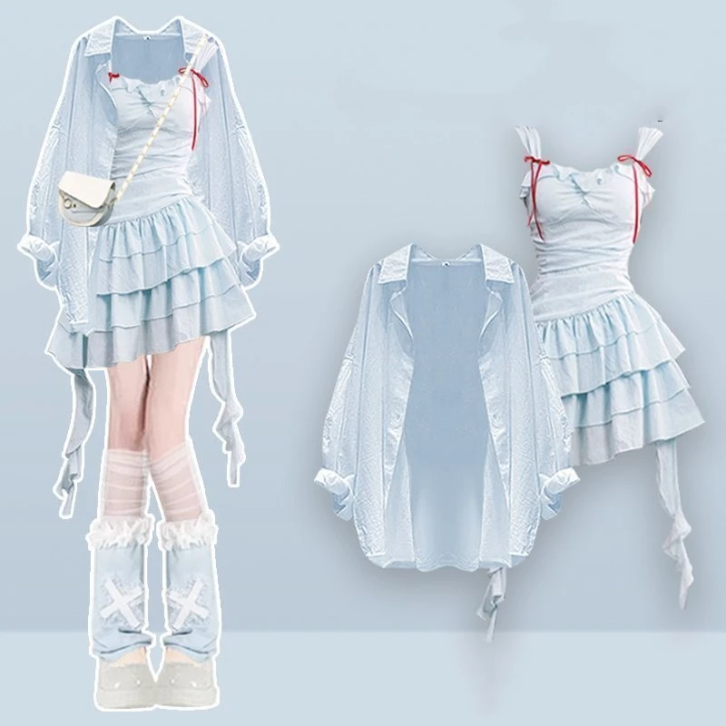 

Women's Spring Summer Sunscreen Shirts Sleeveless Mini Dress Two Piece Set Lady Graceful Blue Ruffle Tank Dress Blouse Outfits