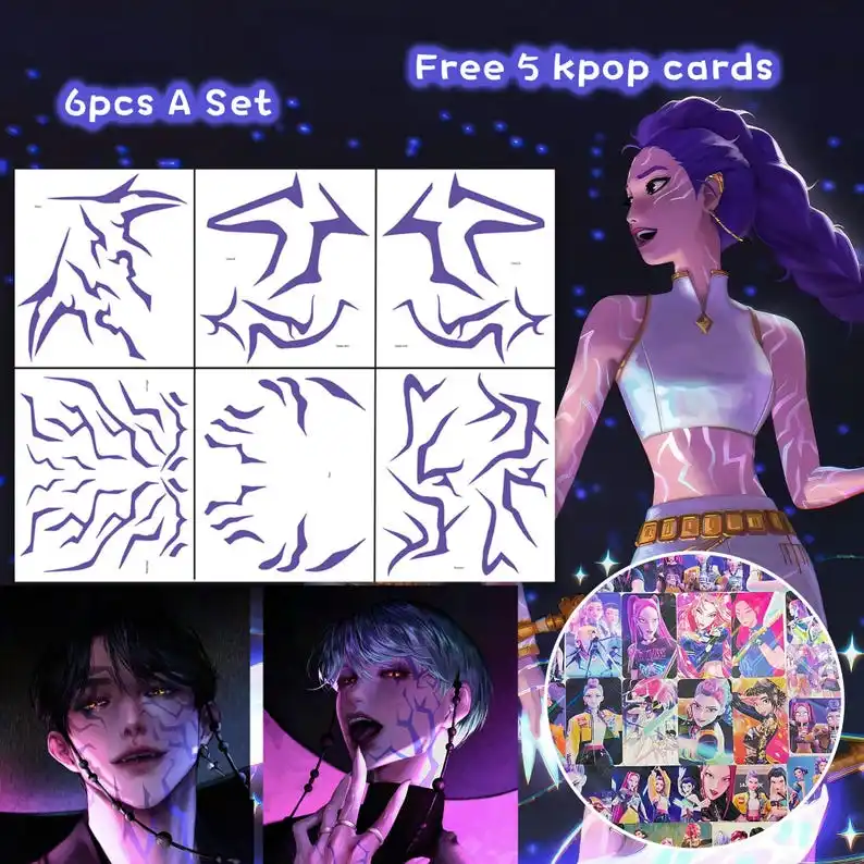 ملصقات الوشم المؤقت Kpop Demon Hunters - فن الجسم التأثيري Rumi & Jinu، شارات كتف يدوية متوهجة للوجه والذراع لـ Kpop