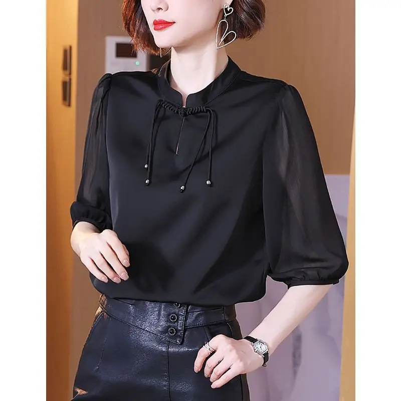 Vintage Lacing Half Sleeve Blouse Women Clothing Summer New Plus Size All-match Solid Loose Elegant Shirt Tops Fashion Casual