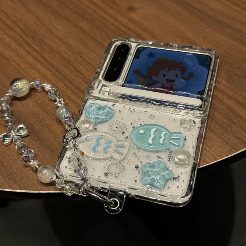 

Cute Clear 3D Blue Fish Acrylic Flip Case for Samsung Z Flip 7 6 5 / Xiaomi Mix Flip / Pura X Ocean Style Protective Cover&Chain