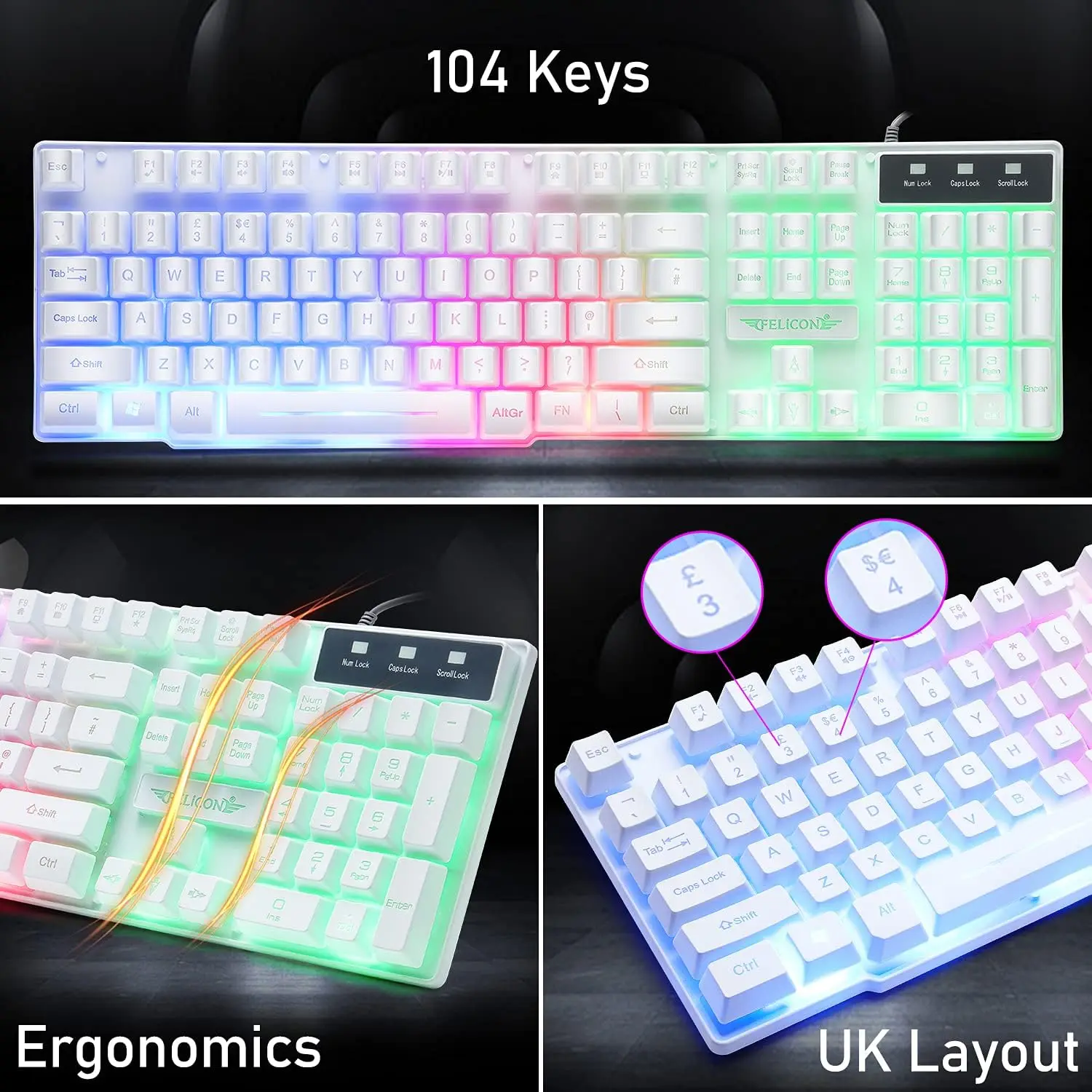 MAMBASNAKE T11 UK 100% Gaming Keyboard&Mouse&Headset&Mouse Pad Combo Set Rainbow Backlit Keyboard, 2400DPI 4 Buttons USB Wired