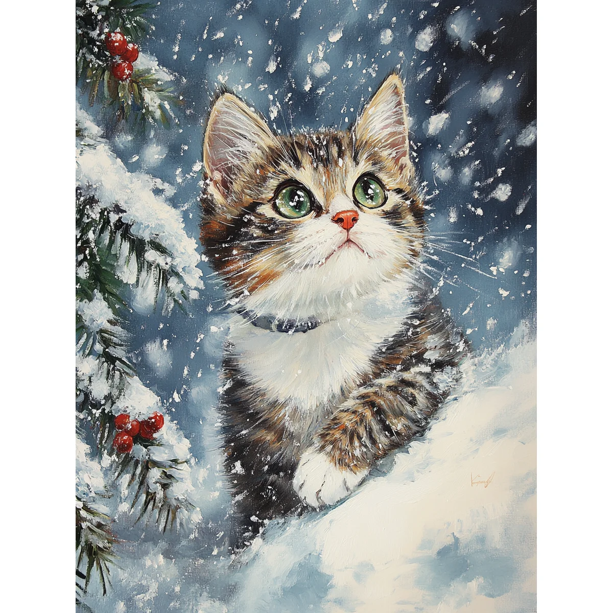 1PC 30X40CM/11.8X15.7in, 11CT/14CT Print Cross Stitch DIY Kit New Year Gift Beginner's Relaxed Embroidery Set, Cat in the Snow
