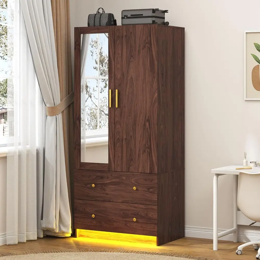 2-Door Wooden Wardrobe with LED Lighting, Compact Armoire for Small Bedrooms, Hanging Rod Included, Brown