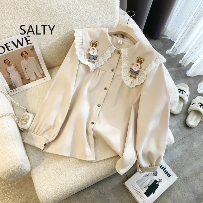 2025 Women Shirt Long Sleeve Cute Rabbit Patch Doll Collar Blouse Tops Female Autumn and Winter Preppy Style Woman