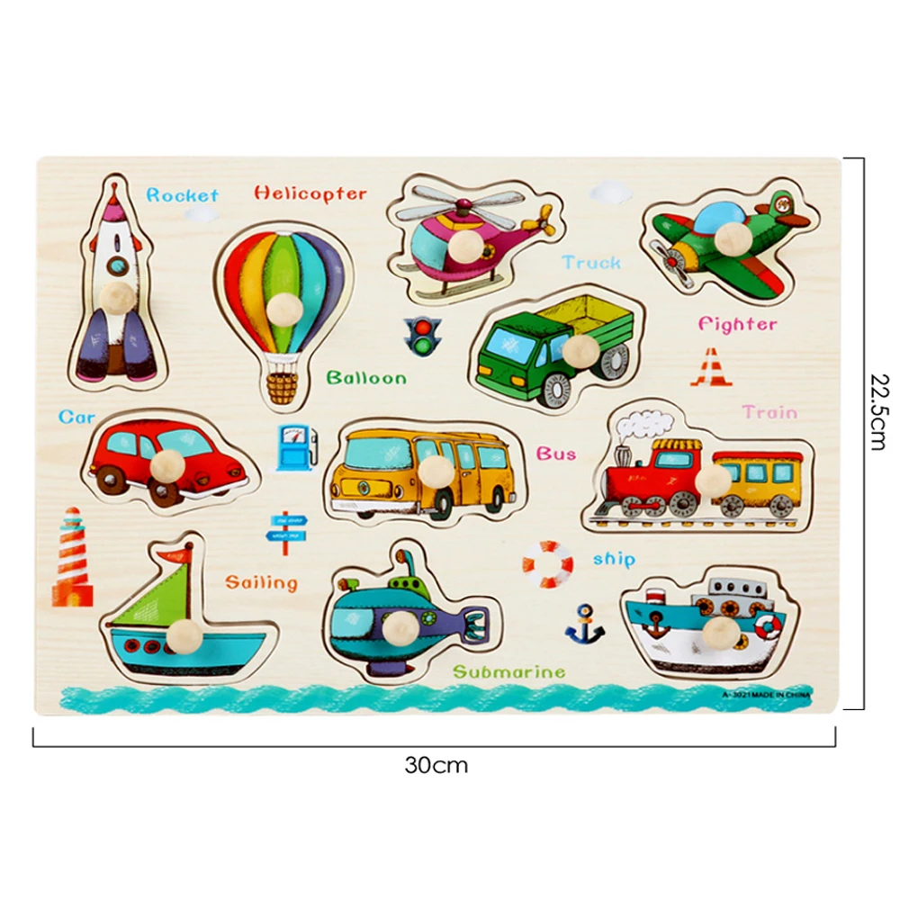 30cm zabawki dla dzieci Montessori drewniane Puzzle ręczne Grab Board edukacyjne drewniane puzzle dla dzieci Cartoon zwierząt pojazd prezent dla dzieci — zdjęcie 2