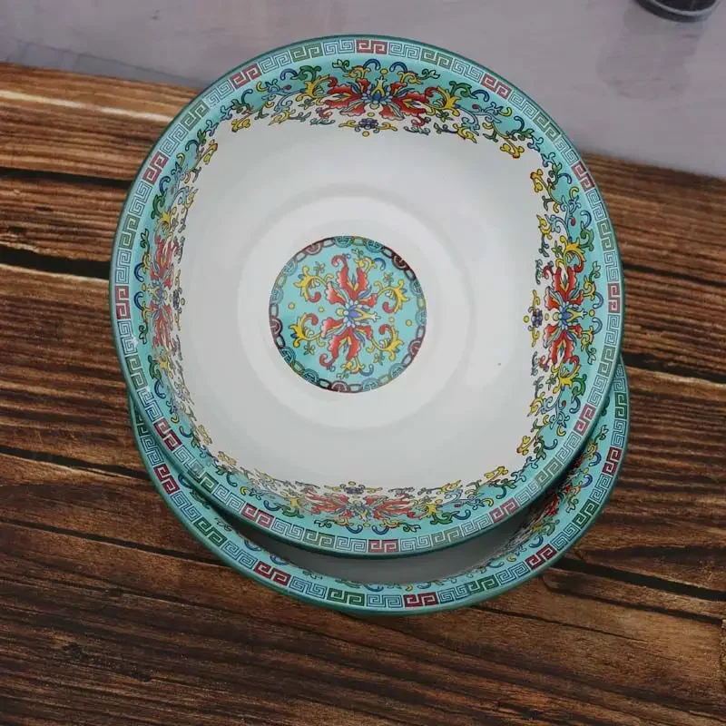 Thick Portable Enamel Basins with Vintage Lotus Pattern - Stove - Friendly for Home and Kitchen Use, Stackable Design