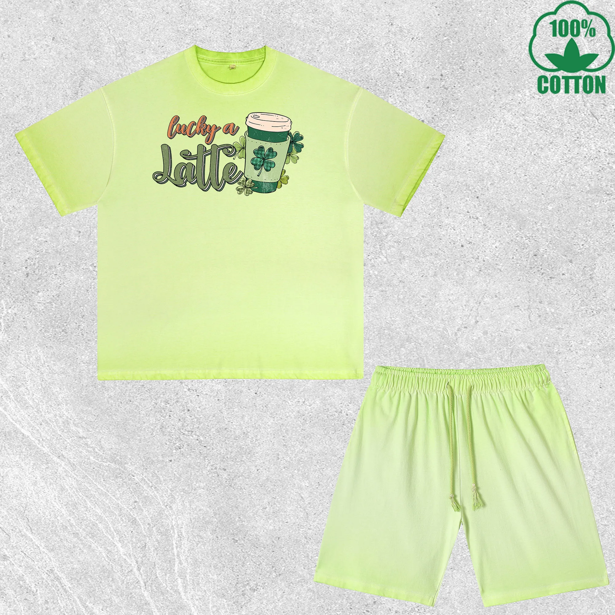 Conjunto de Camiseta e Shorts Estampado Saint Patrick a Latte com Efeito Desgastado, Multicolorido, Solto, Moderno e na Moda, 100% Algodão