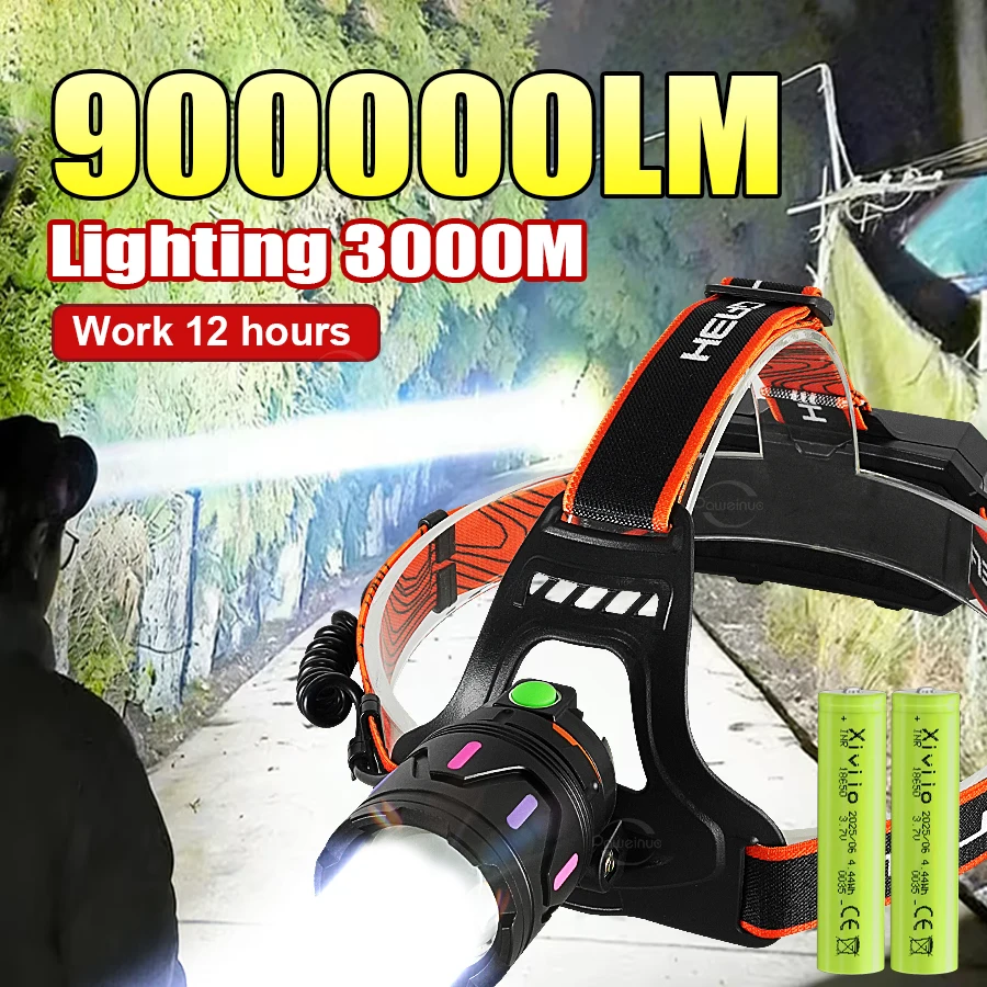 9000000LM Ultra Bright LED Headlamps High Power Headlights USB Rechargeable Head Torch for Outdoor Fishing Hunting Camping